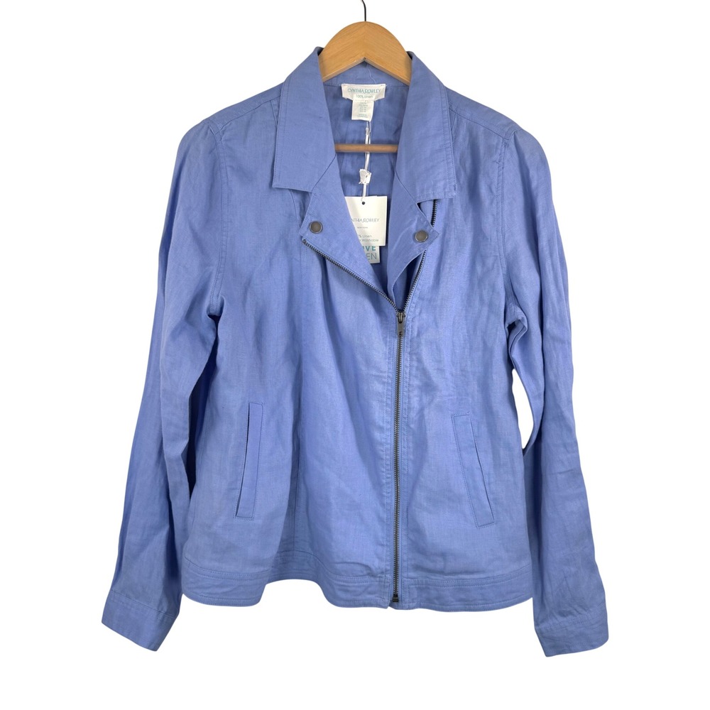 Cynthia Rowley Blue Linen‎ Moto Jacket Womens M Lightweight Zip